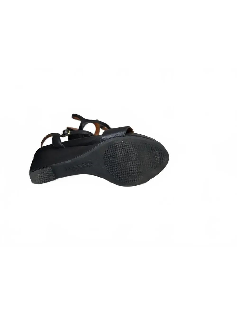 L'Amour Black T-Strap Wedge Sandals with Buckle Accent